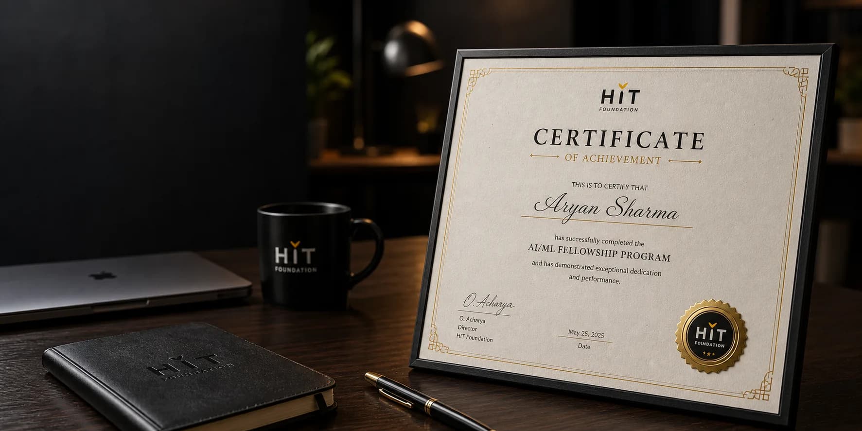 Premium HIT Foundation certificate displayed on a professional workspace desk