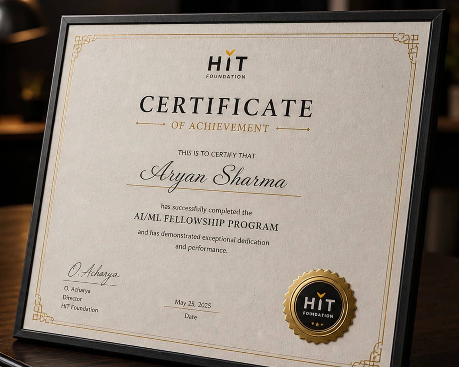 Premium HIT Foundation certificate displayed on a professional workspace desk