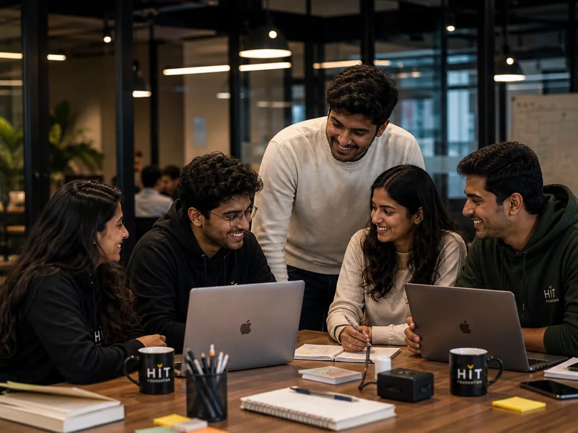 HIT Foundation students, mentors, and young professionals collaborating in a modern innovation workspace