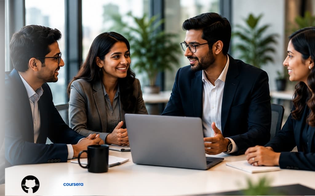 Corporate leaders and innovation partners discussing a business partnership in a modern office