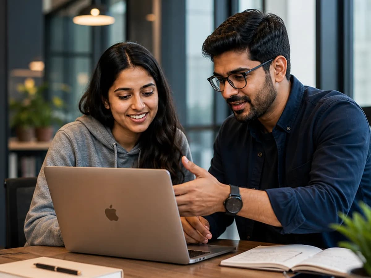Mentor guiding a student during a laptop mentorship session