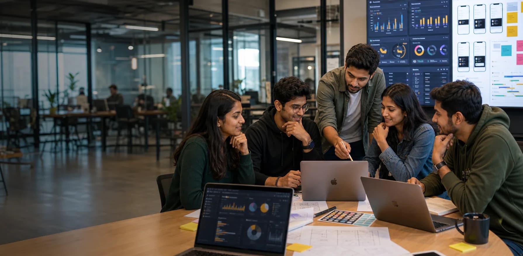 Student team working on a real-world technology project in a startup workspace
