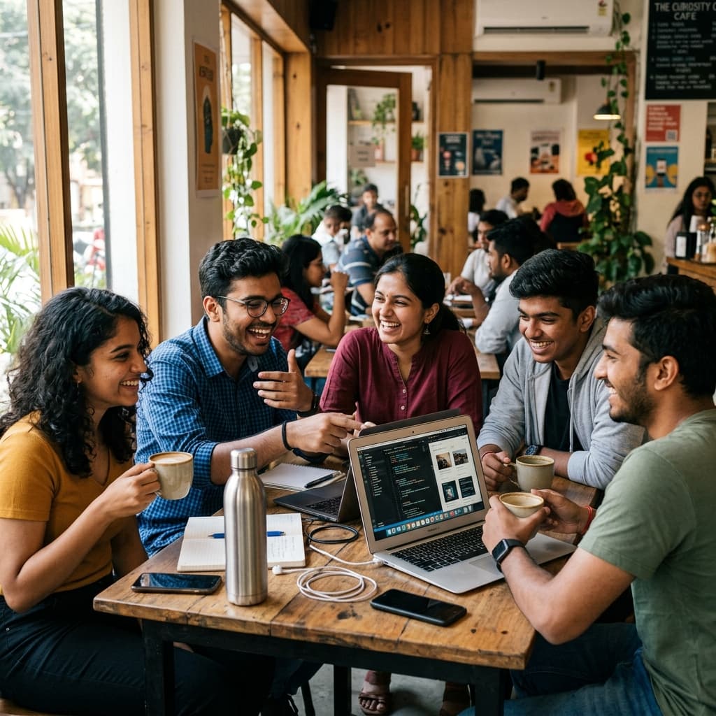 Indian college students sharing a real project journey in a clean startup workspace